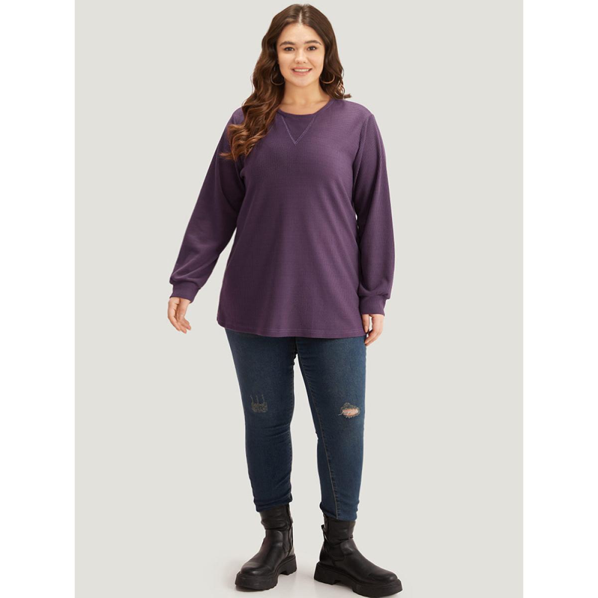Plus Size Plain Textured Stitch Crew Neck Sweatshirt Women Eggplant Casual Elastic cuffs Round Neck Dailywear Sweatshirts BloomChic 14-16/1X Product Image
