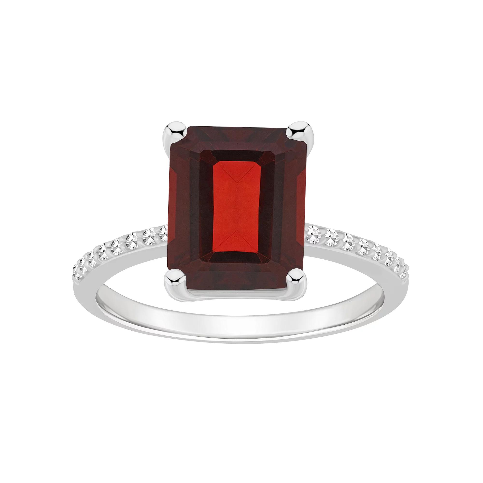Alyson Layne Sterling Silver 10 mm x 8 mm Emerald Cut Gemstone & 1/10 Carat T.W. Diamond Ring, Women's, Size: 9, Red Product Image