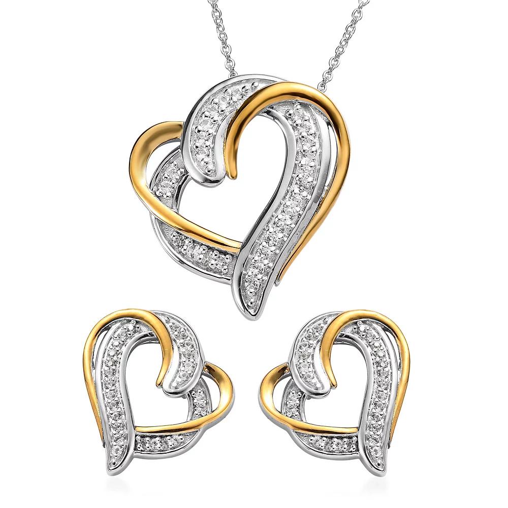 Two Tone Sterling Silver Lab-Created White Sapphire Heart Pendant Necklace & Earrings Set, Women's, Size: 18" Product Image