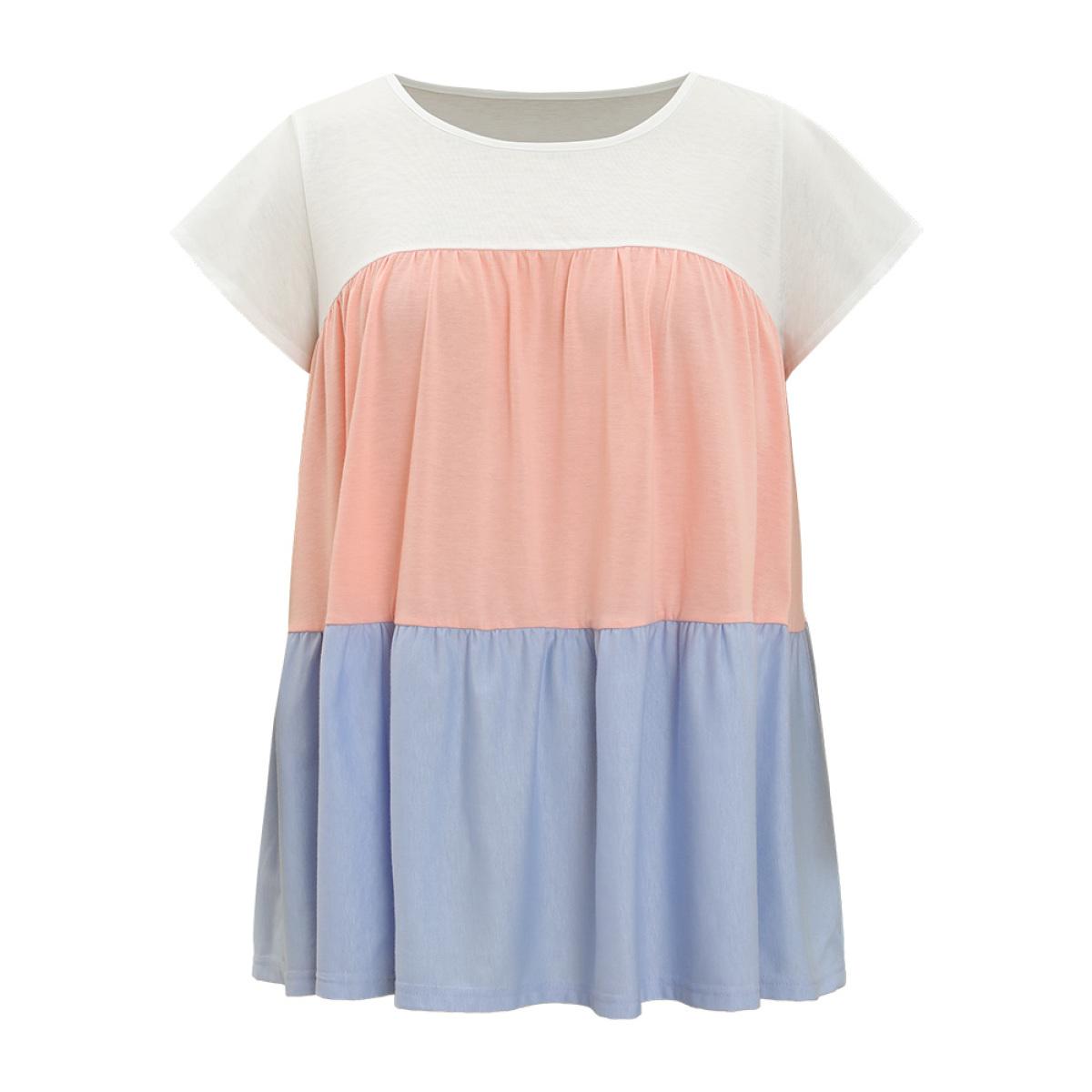 Plus Size Color Block Contrast Cap Sleeve Tank Top Women Multicolor Casual Gathered Round Neck Dailywear Tank Tops Camis BloomChic 22-24/3X Product Image