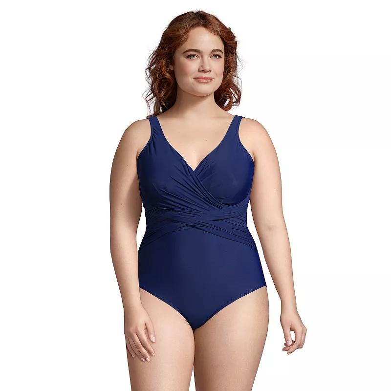 Plus Size Lands' End SlenderSuit Tummy Control Surplice One-Piece Swimsuit, Women's, Size: 16 W, Deep  Blue Product Image