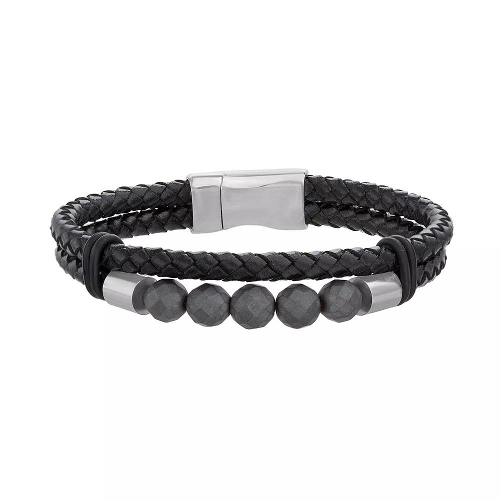 1913 Mens Vegan Leather Synthetic Hematite Bead Bracelet with Stainless Steel Clasp Product Image