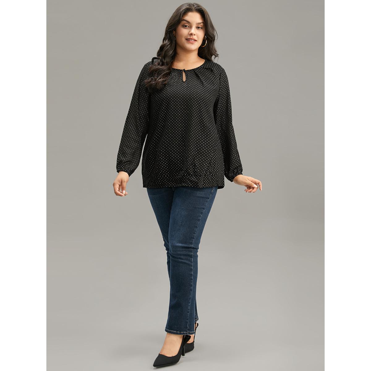 Plus Size BlackFlower Glitter Polka Dot Puff Sleeve Keyhole Blouse Women Elegant Long Sleeve Round Neck Dailywear Blouses BloomChic 18-20/2X Product Image