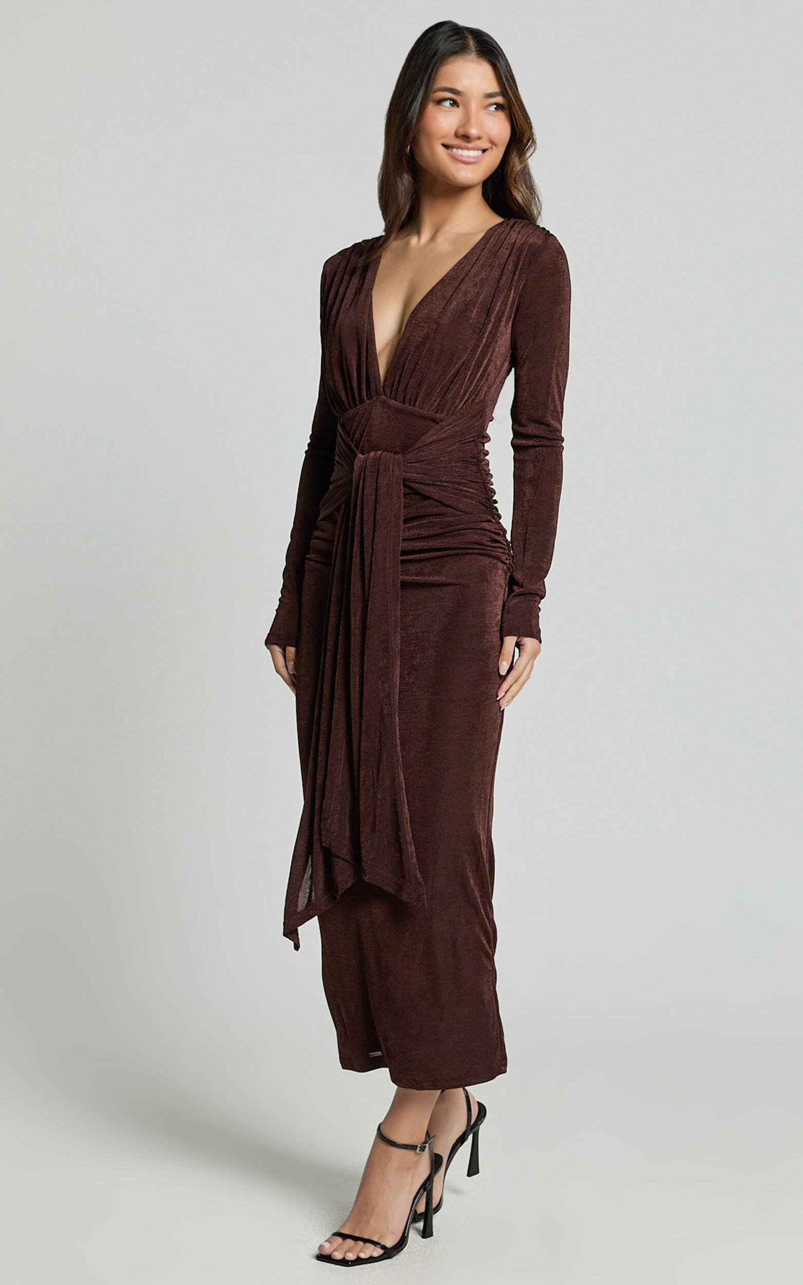 Melanie Midi Dress - Plunge Long Sleeve Tie Front Dress in Chocolate Product Image