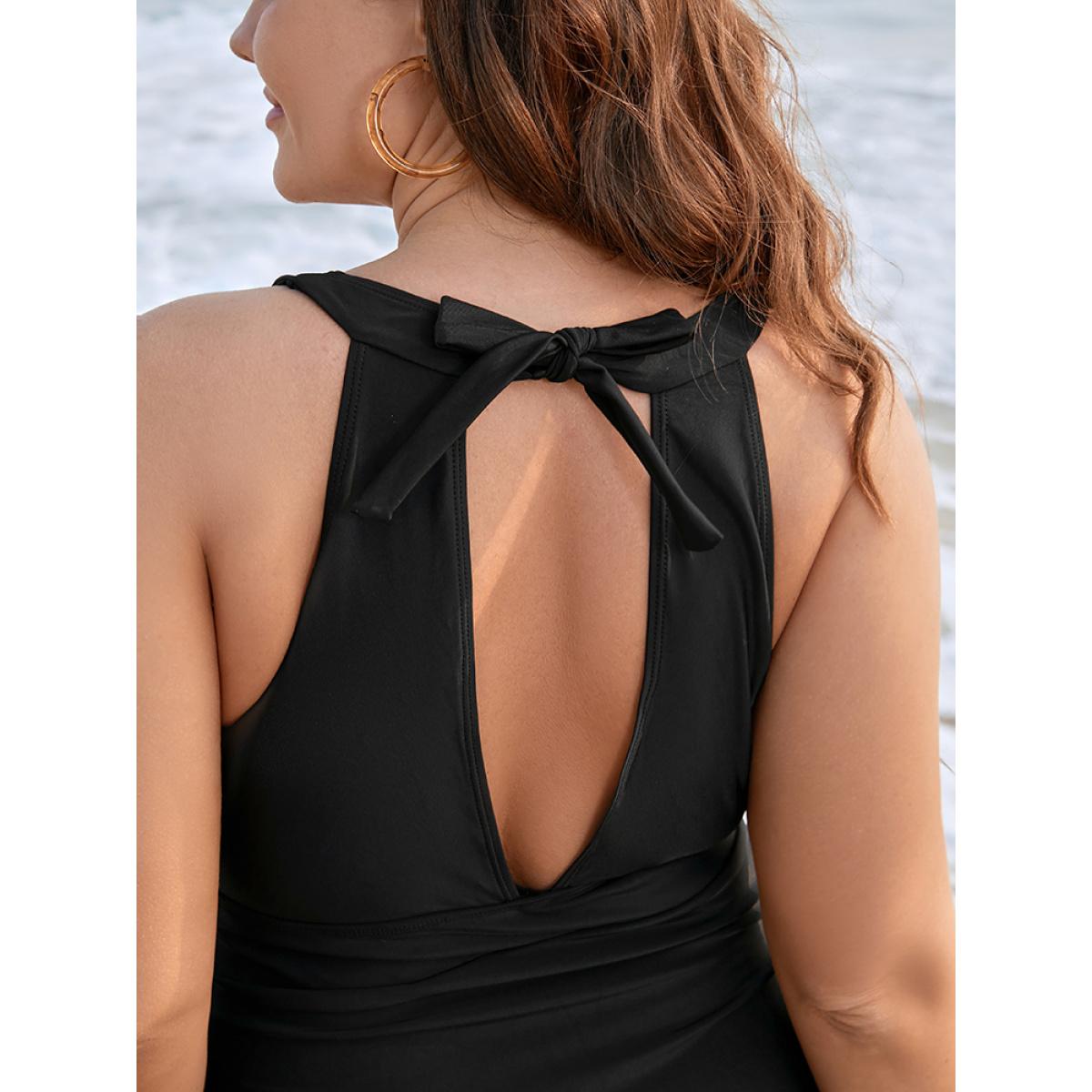 Plus Size Halter Mesh Insert Knotted Back One Piece Swimsuit Women's Swimwear Black Vacation Tummy control Curve Bathing Suits High stretch One Pieces BloomChic 26/4X Product Image