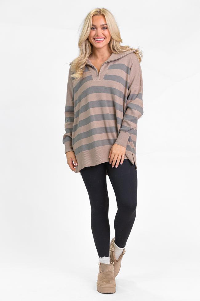 Pulling Heartstrings Taupe Striped Quarter Zip Pullover FINAL SALE Product Image