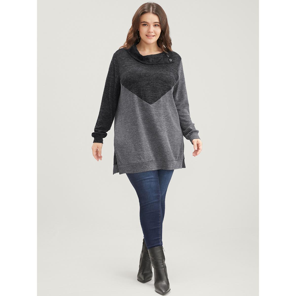 Plus Size Colorblock Contrast Button Detail Split Hem Sweatshirt Women DimGray Casual Overlap Collar Dailywear Sweatshirts BloomChic 12/L Product Image