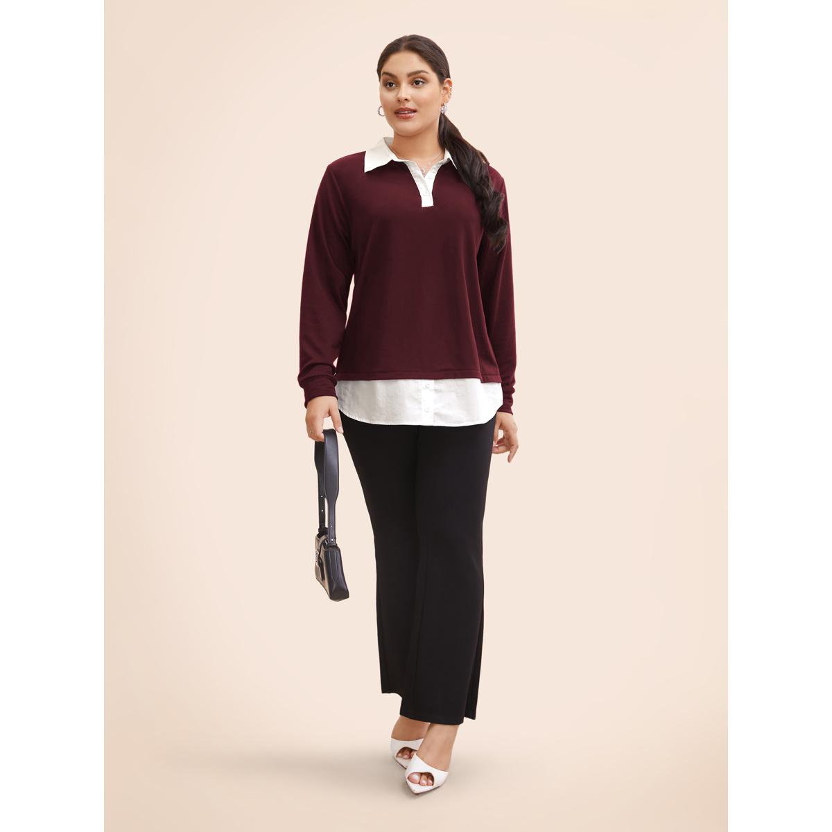 Plus Size 2-In-1 Shirt Collar Contrast Patchwork Sweatshirt Women Burgundy Work From Home Contrast Shirt collar Work Sweatshirts BloomChic 26/4X Product Image