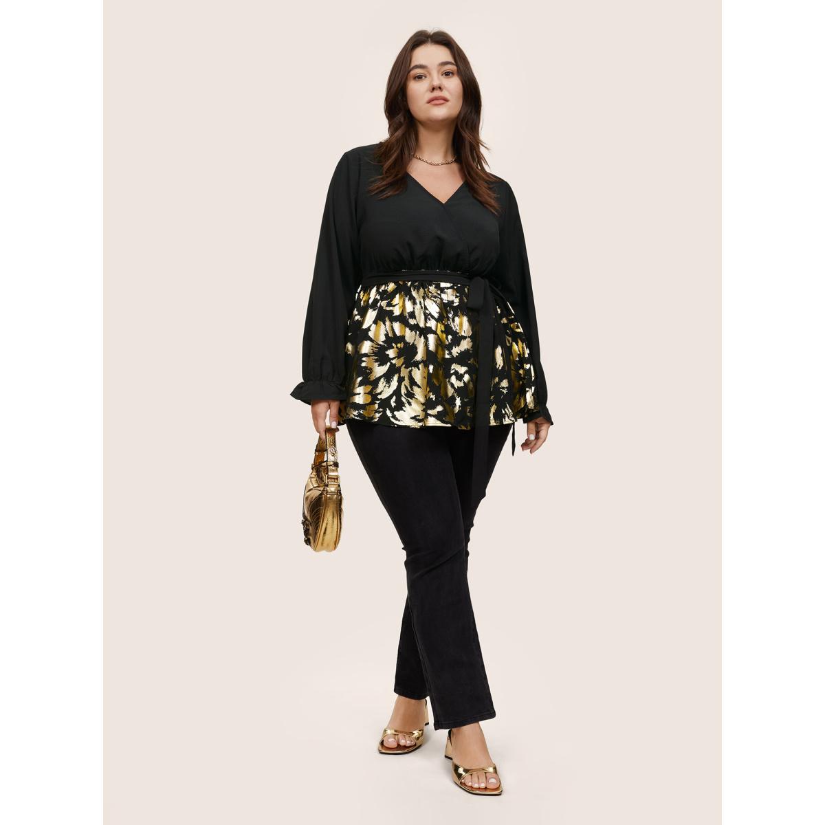 Plus Size Black Glitter Patchwork Ruffles Wrap Belted Blouse Women Cocktail Long Sleeve Overlap Collar Party Blouses BloomChic 22-24/3X Product Image