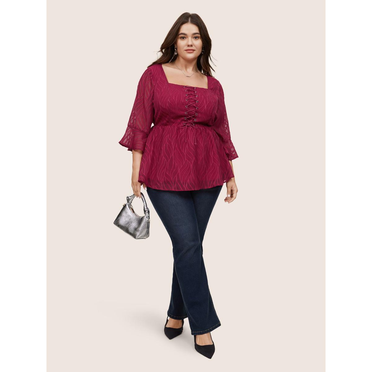 Plus Size Scarlet Chiffon Square Neck Lace Up Ruffles Blouse Women Elegant Elbow-length sleeve Square Neck Everyday Blouses BloomChic 12/L Product Image