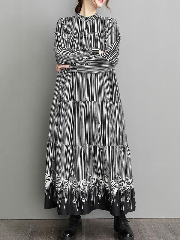 Vintage Loose Striped Buttoned Stand Collar Long Sleeves Midi Dress Product Image