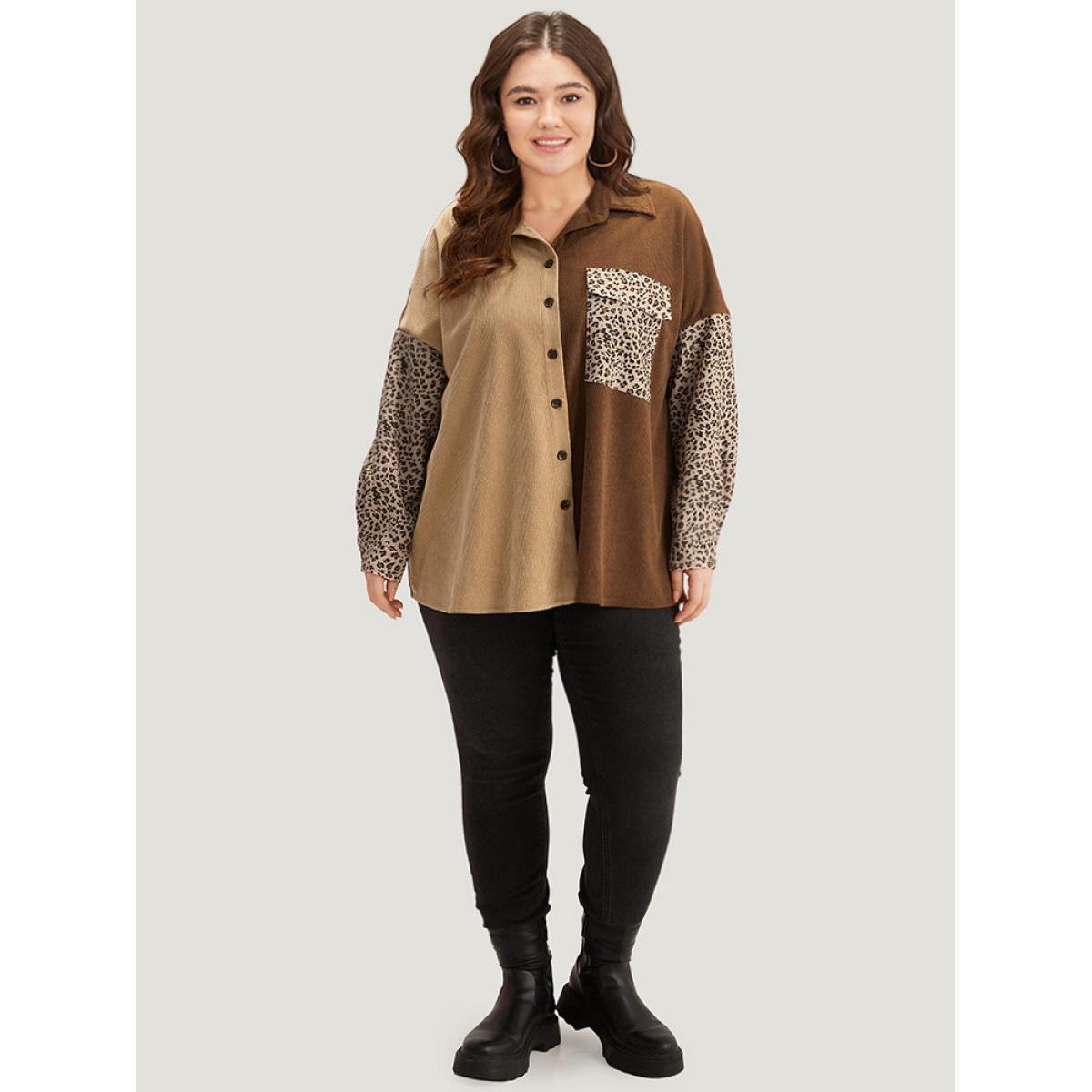 Plus Size Leopard Patchwork Pocket Contrast Button Through Coat Women DarkBrown Texture Pocket Dailywear Jackets BloomChic 12/L Product Image
