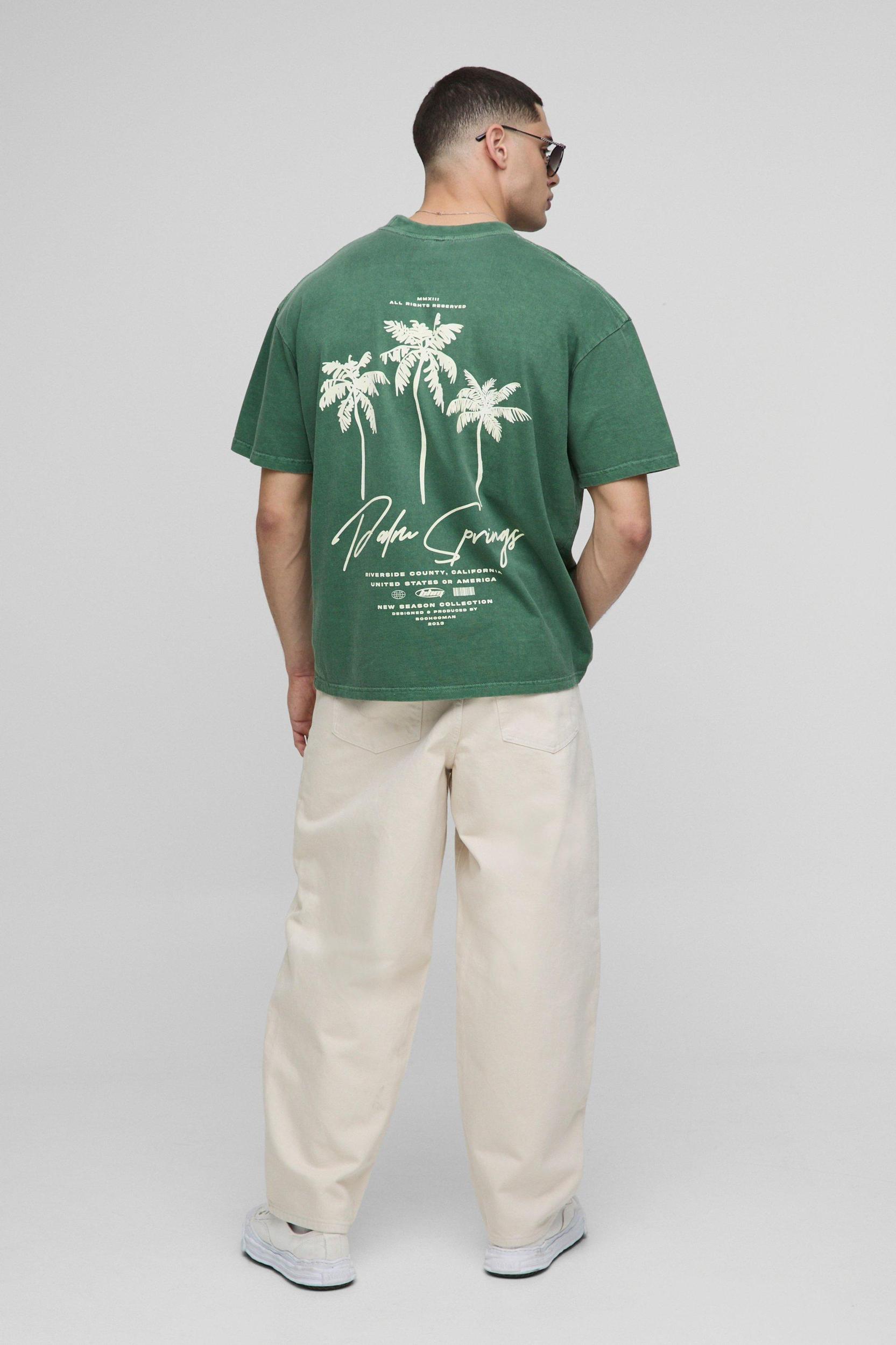 Oversized Extended Neck Palm Springs Graphic Washed T-Shirt | boohooMAN USA Product Image