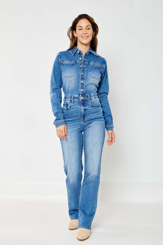 88719   Calista Hi-Rise Long Sleeve Slim Straight Leg Jumpsuit by Judy Blue Jeans Product Image
