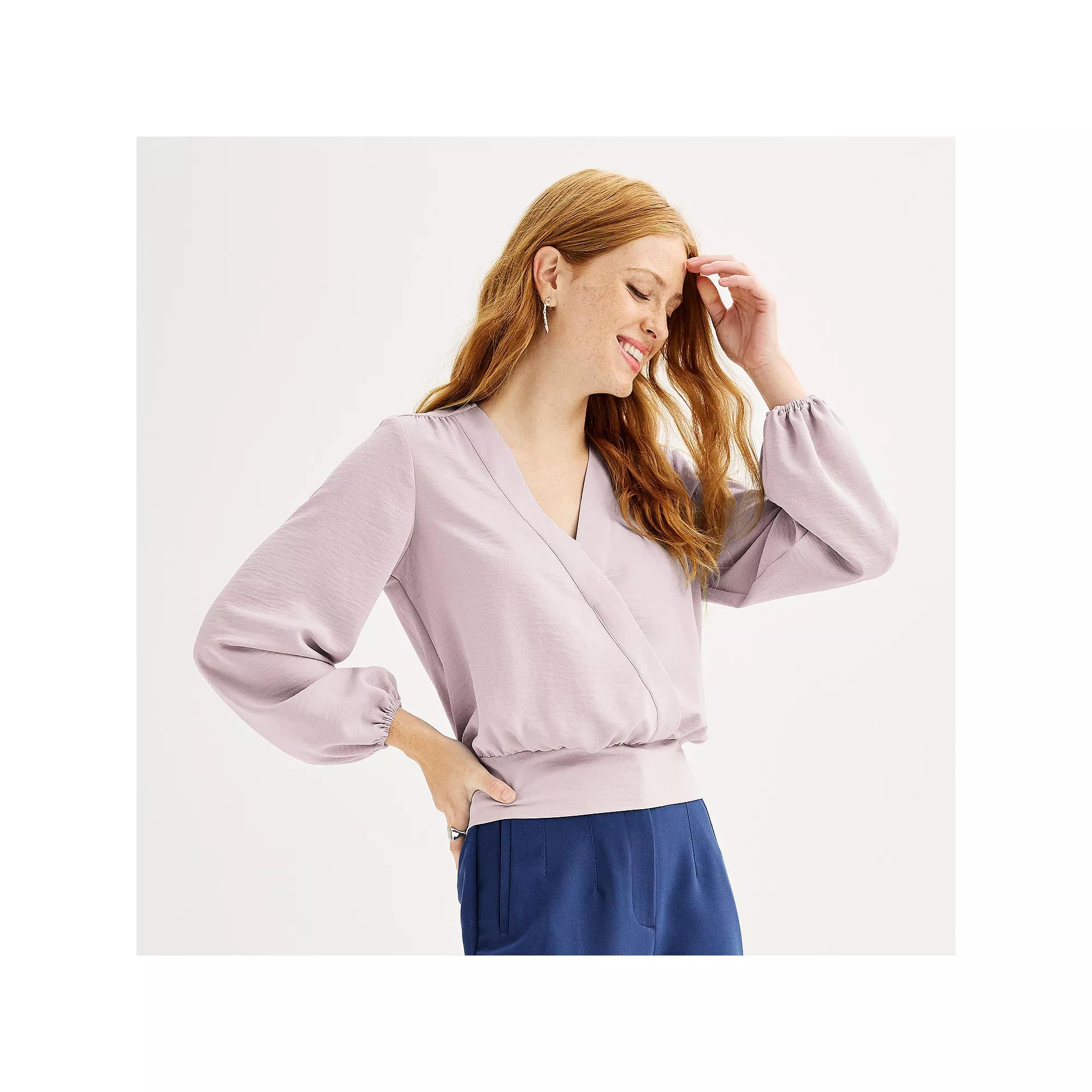 Women's Nine West Long-Sleeve Surplice Blouse, Size: Small, Washed Purple Product Image