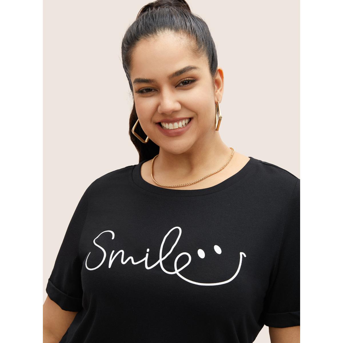Plus Size Letter Print Round Neck T-shirt Black Women Casual Contrast Round Neck Everyday T-shirts BloomChic 10/M Product Image