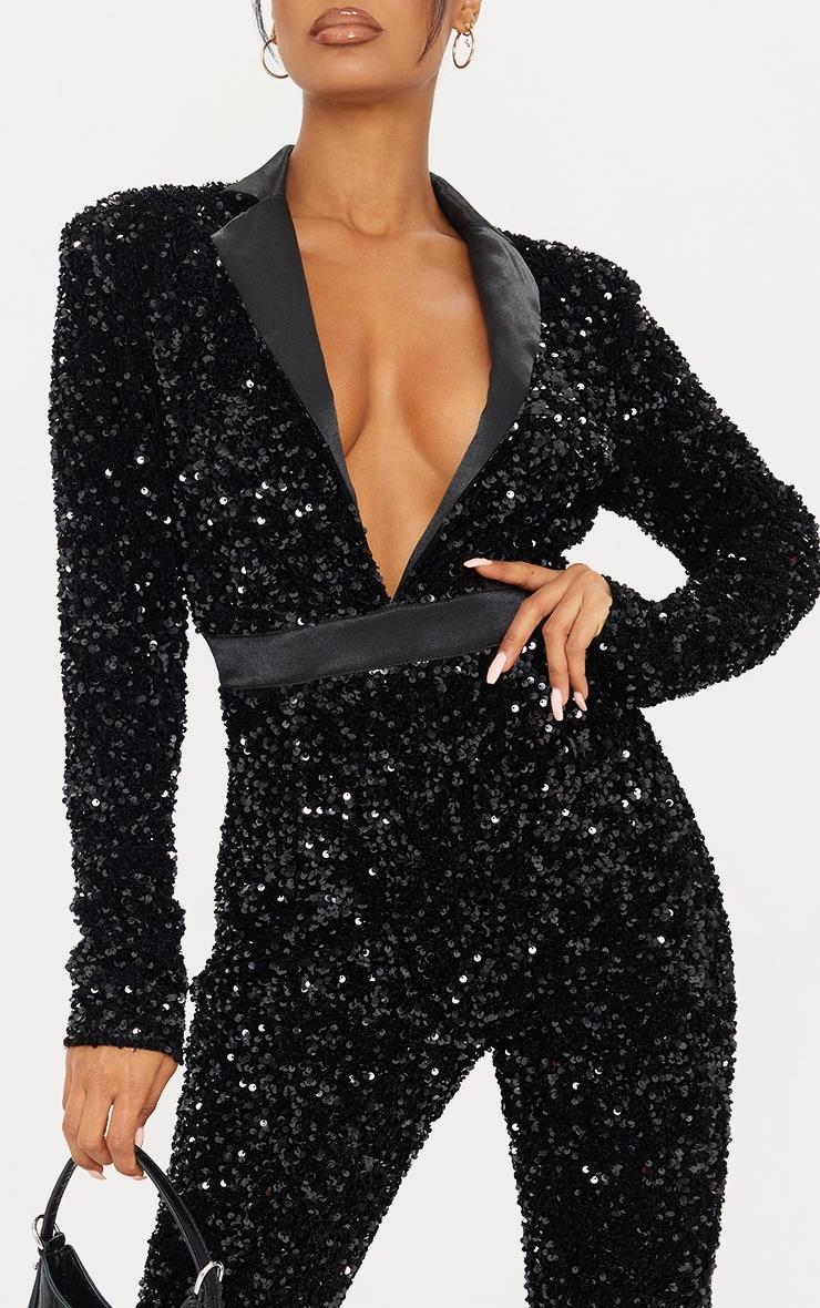 Black Velvet Sequin Plunge Front Tailored Jumpsuit Product Image