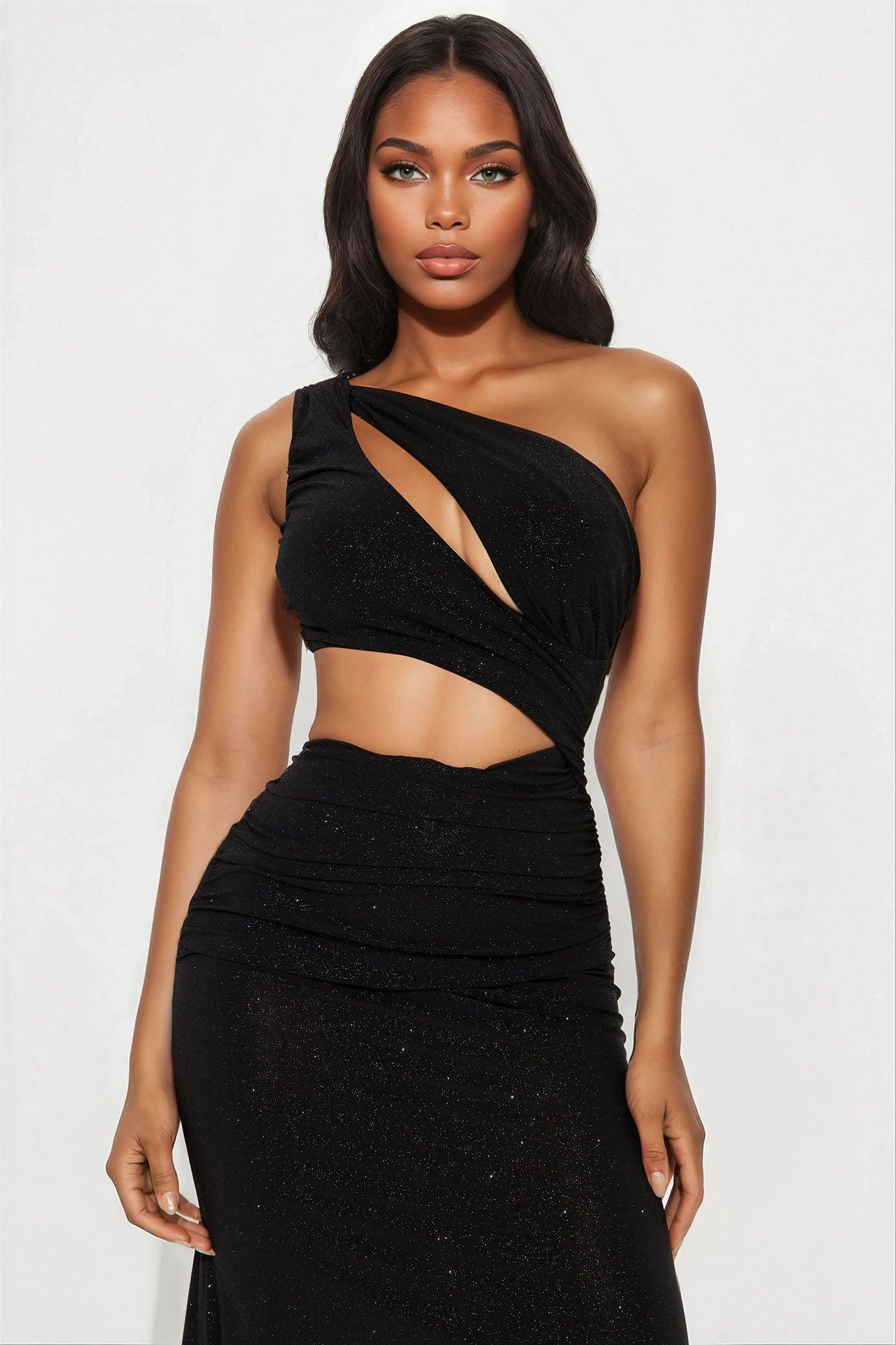 Outside For The Night Glitter Maxi Dress - Black Female Product Image