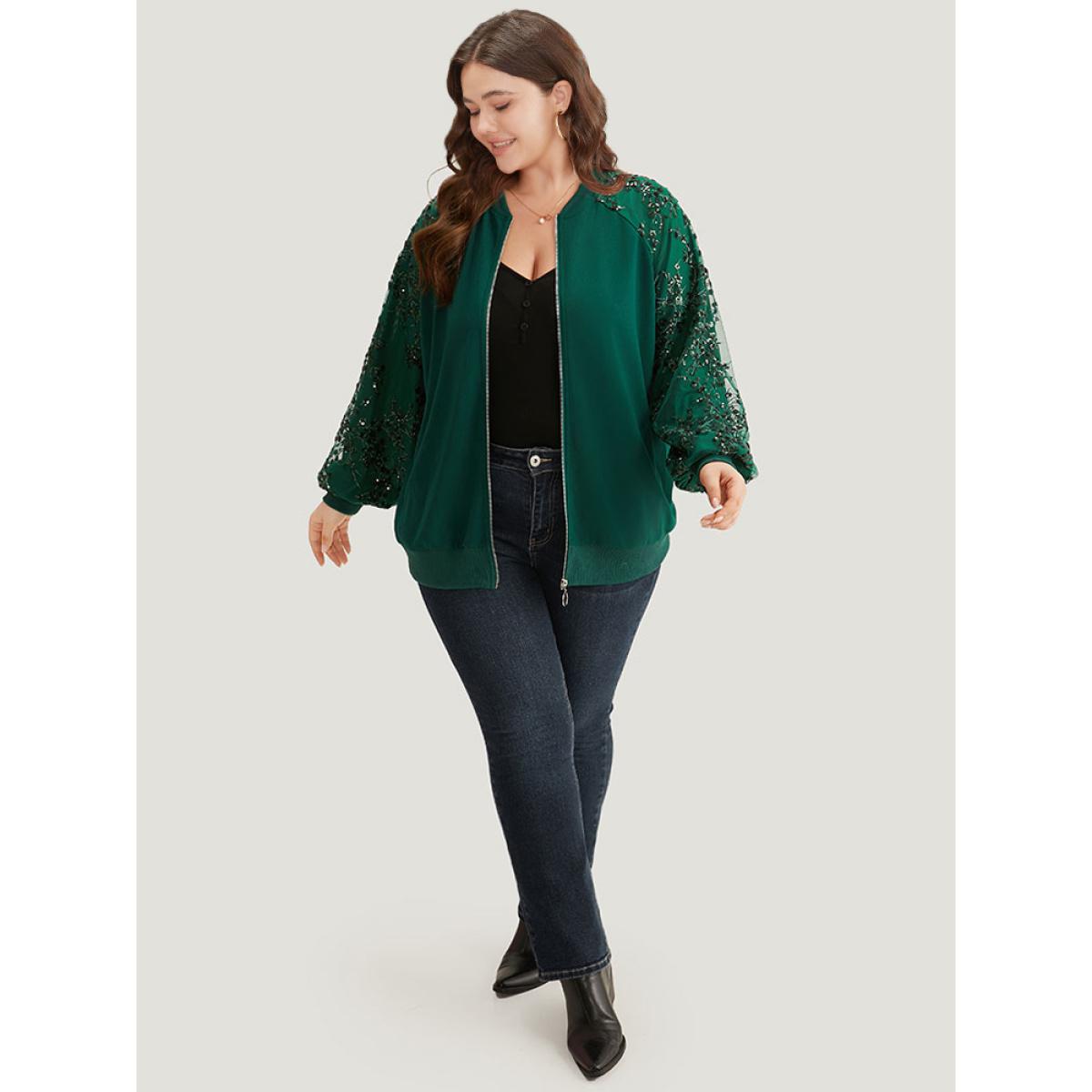 Plus Size Embroidered Patchwork Mesh Zipper Jacket Women Green Elastic cuffs Dailywear Jackets BloomChic 22-24/3X Product Image