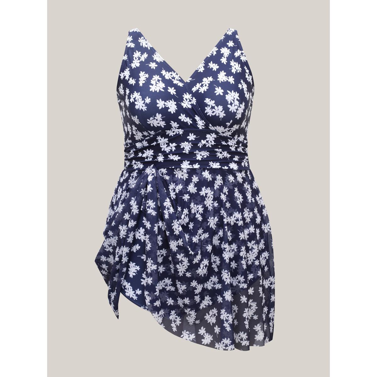 Plus Size Floral Print Mesh Fit Flare Swim Dress Women's Swimwear Indigo Beach Bodycon Overlap Collar High stretch Curve Swim Dresses BloomChic 18-20/2X Product Image