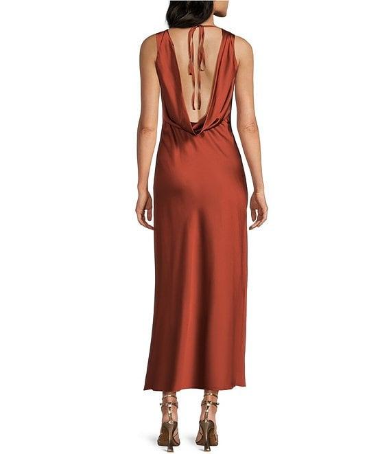 Midnight Doll Satin V-Neck Sleeveless Back Drape Dress Product Image