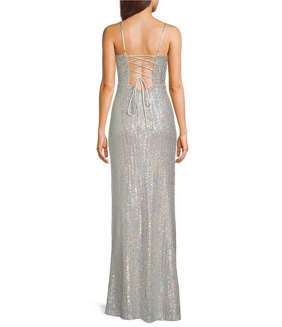 Next Up Sequin V-Neck Spaghetti Strap Tie Back Front Slit Dress Product Image