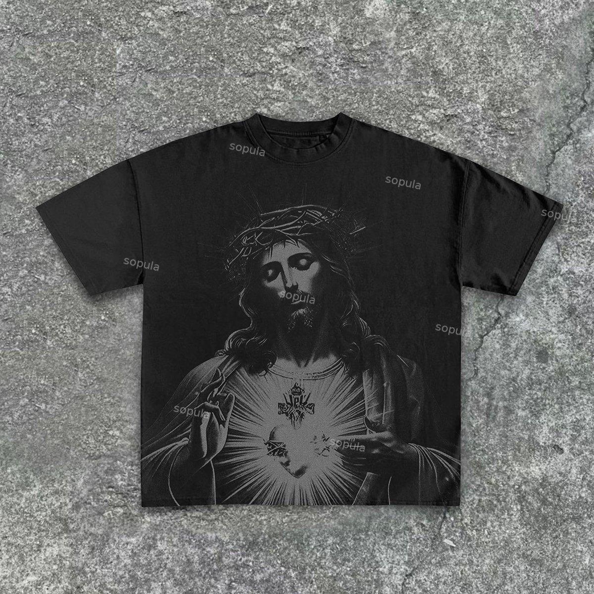 Vintage Jesus Print Round Neck Cotton T-Shirt Product Image