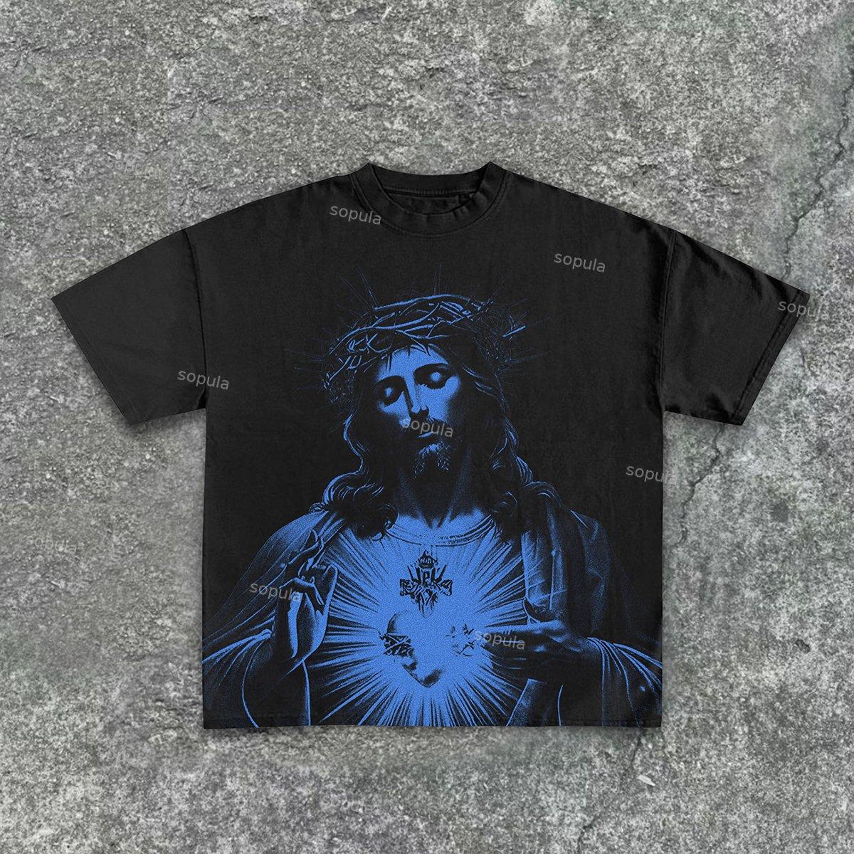 Vintage Jesus Print Round Neck Cotton T-Shirt Product Image