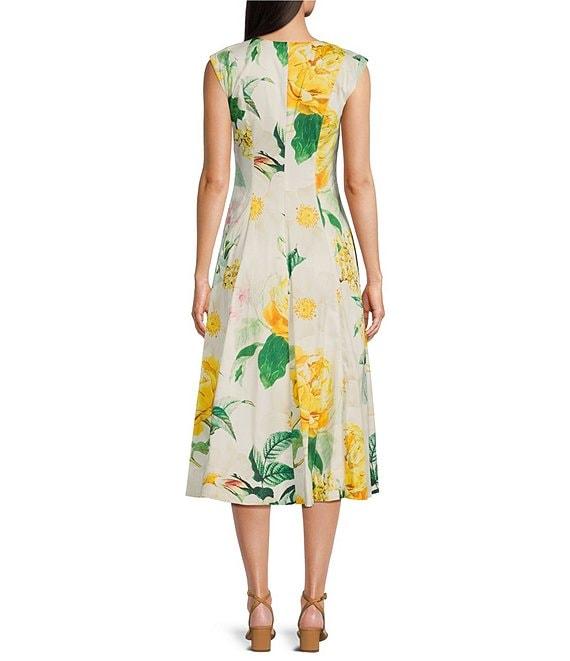KARL LAGERFELD PARIS Sateen Floral Print V-Neck Sleeveless Midi A-Line Dress Product Image