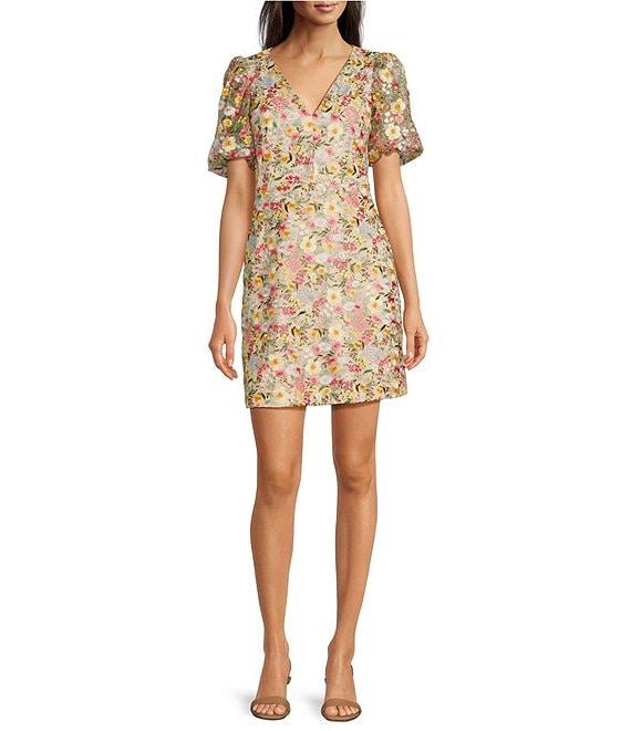 Eliza J Embroidered V-Neck Short Puff Sleeve Fit and Flare Dress Product Image