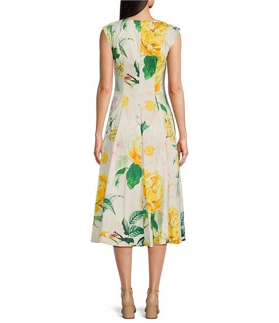 KARL LAGERFELD PARIS Sateen Floral Print V-Neck Sleeveless Midi A-Line Dress Product Image