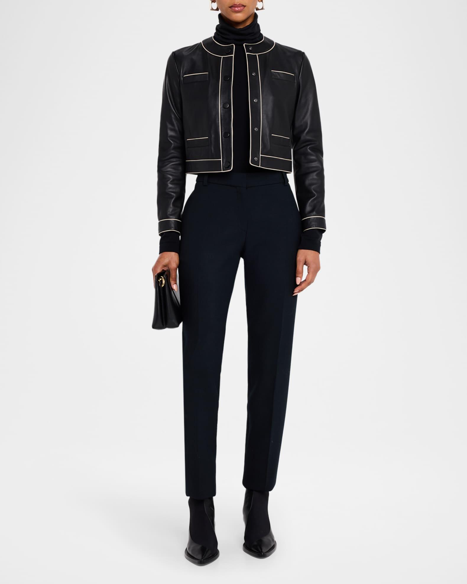 Cropped Contrast-Trim Leather Jacket Product Image