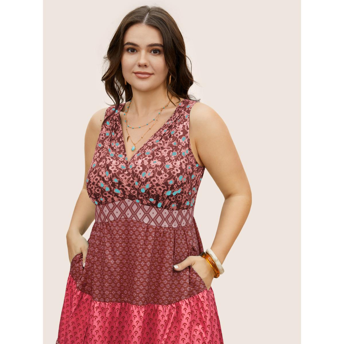 Plus Size Bandana Patchwork Floral Sleeveless Dress RedViolet Women Boho Pleated V-neck Sleeveless Curvy BloomChic 18-20/2X Product Image