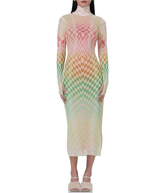 AFRM Shailene Mesh Geometric Print Turtleneck Long Sleeve Midi Dress Product Image