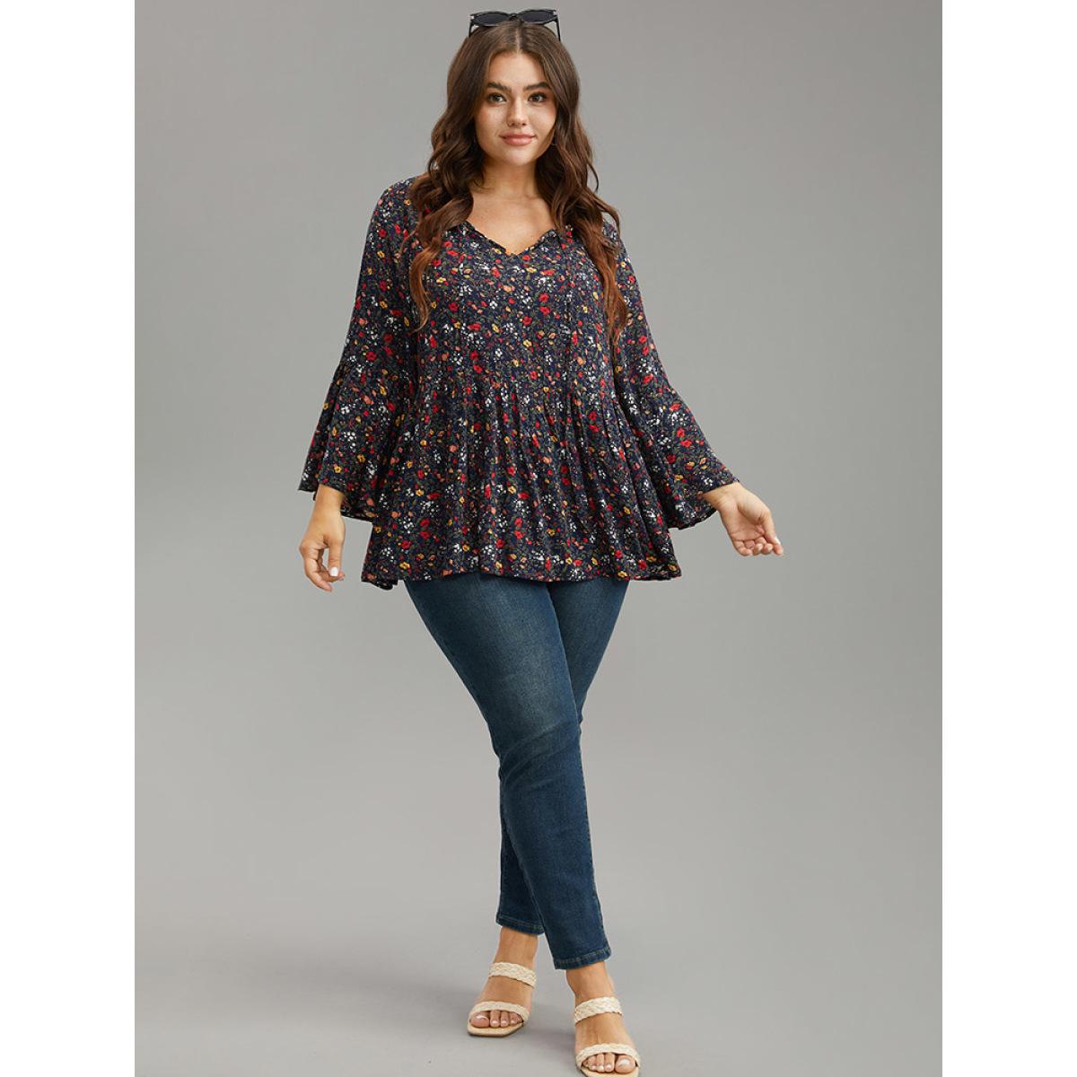 Plus Size Indigo Floral Tie Neck Frill Trim Bell Sleeve Blouse Women Elegant Long Sleeve Tie Neck Dailywear Blouses BloomChic 26/4X Product Image