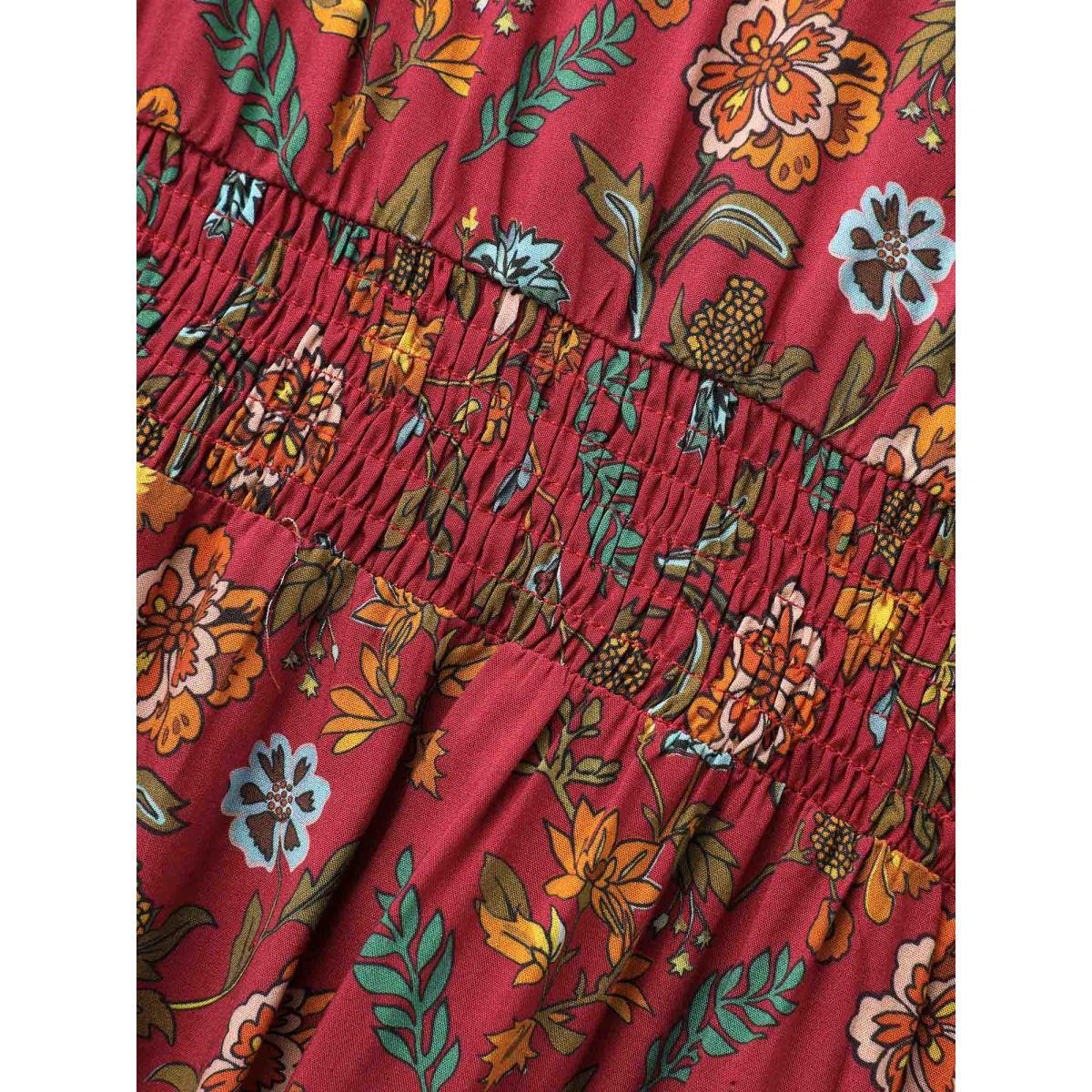 Plus Size V Neck Bandana Print Shirred Dress Burgundy Women Resort Shirred V-neck Elbow-length sleeve Curvy BloomChic 22-24/3X Product Image