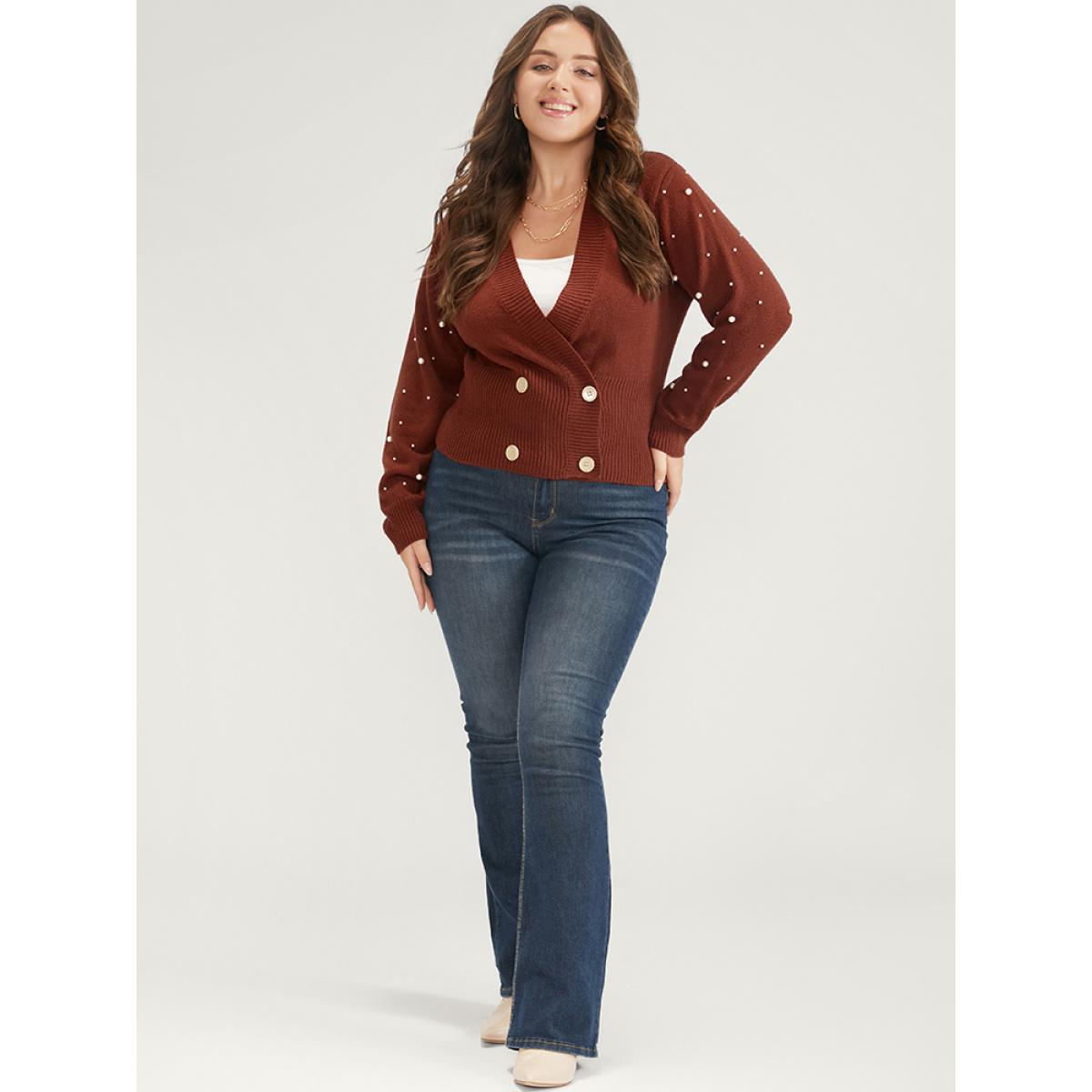 Plus Size Solid Pointelle Knit Pearls Beaded Button Front Knit Top Maroon Women Elegant Long Sleeve Deep V-neck Dailywear Pullovers BloomChic 22-24/3X Product Image