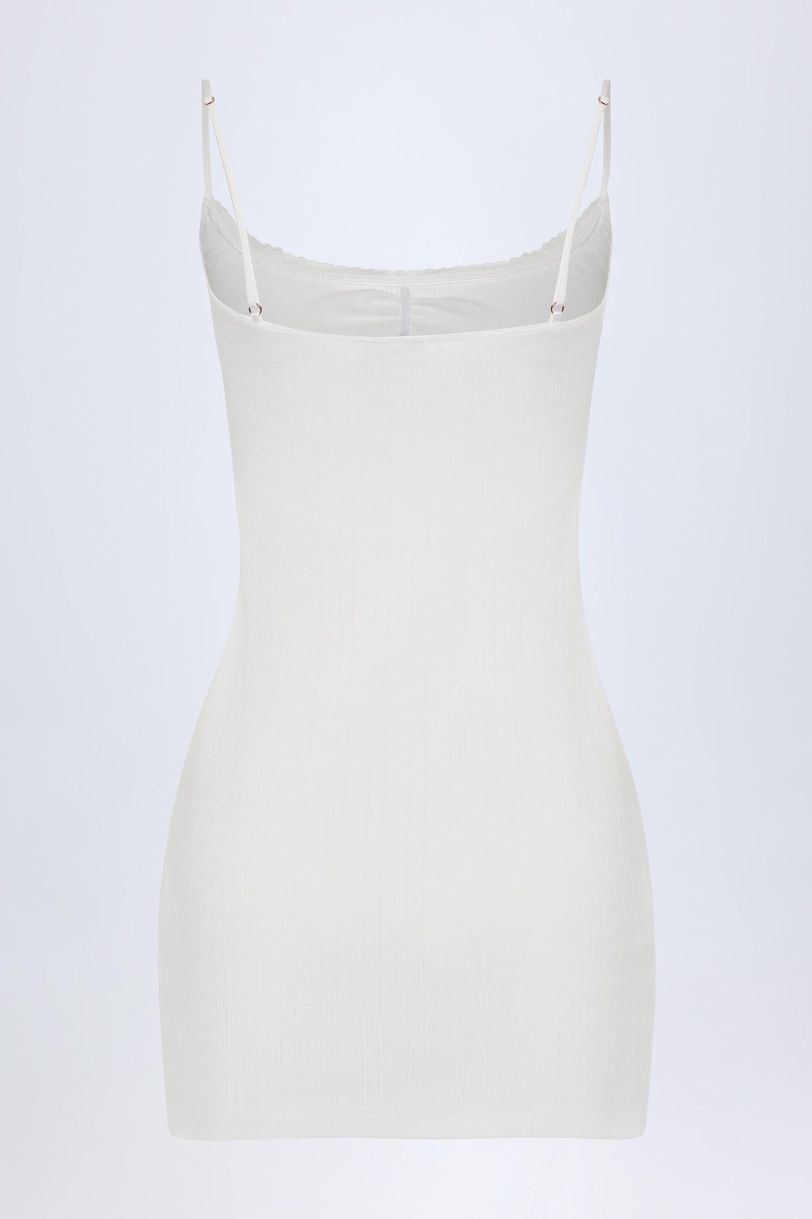 Pointelle Ruched A-Line Mini Dress in White Product Image