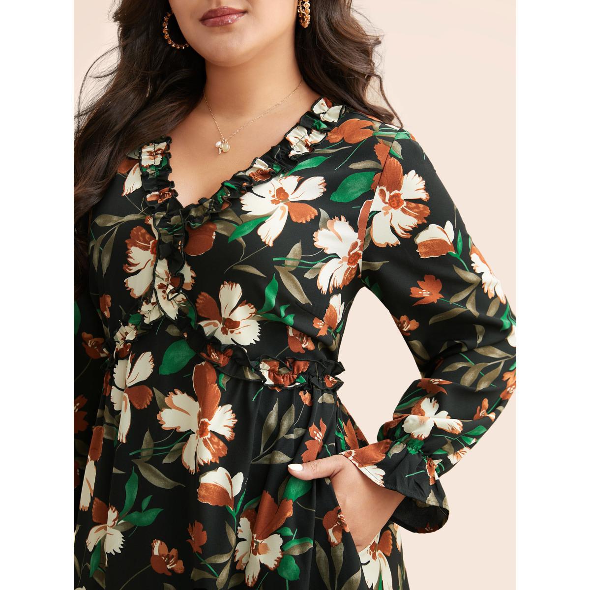 Plus Size Floral Elastic Waist Frill Trim Midi Dress BlackFlower Women Elegant Frill Trim V-neck Long Sleeve Curvy BloomChic 10/M Product Image