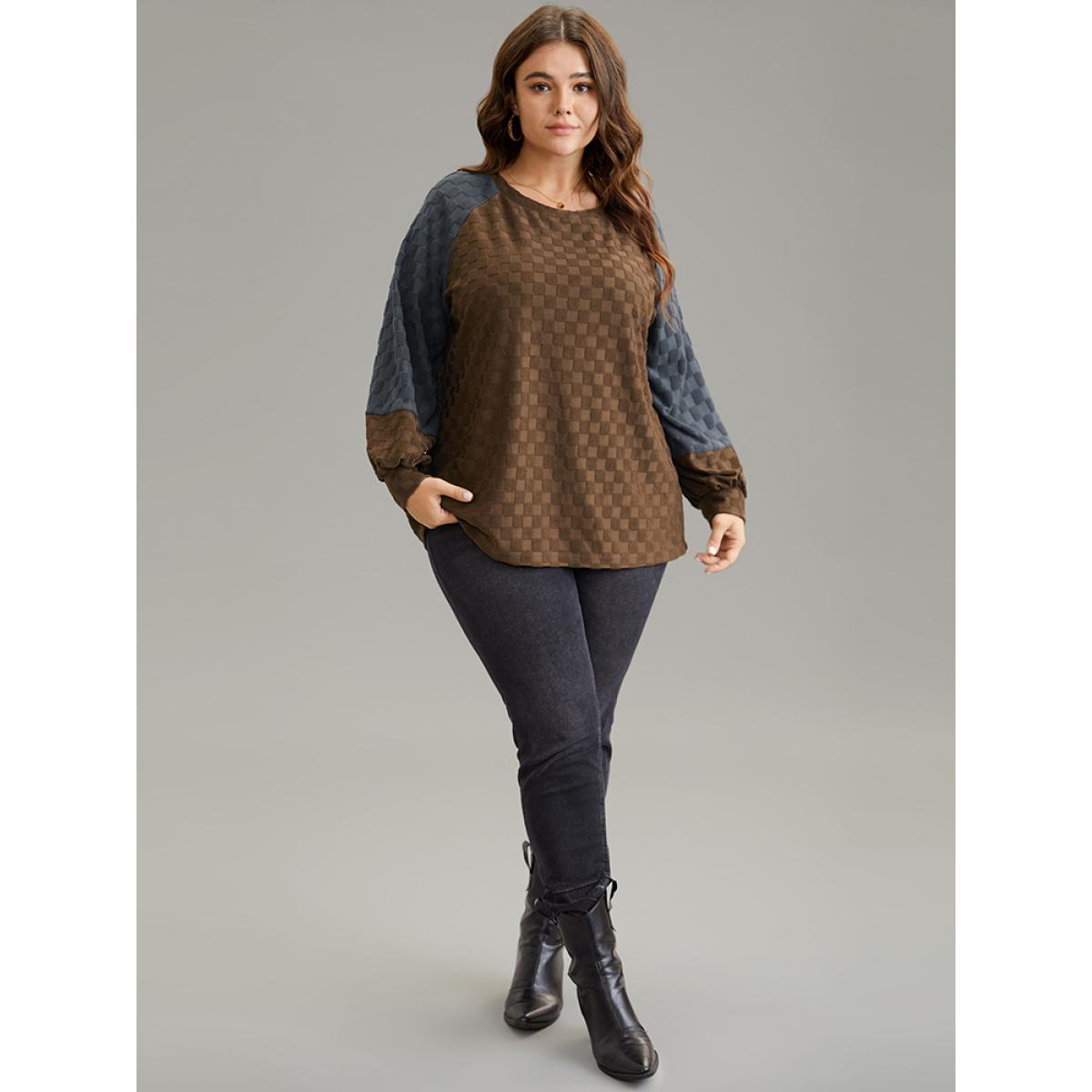 Plus Size Check Two Tone Raglan Sleeve Sweatshirt Women DarkBrown Casual Texture Round Neck Dailywear Sweatshirts BloomChic 22-24/3X Product Image