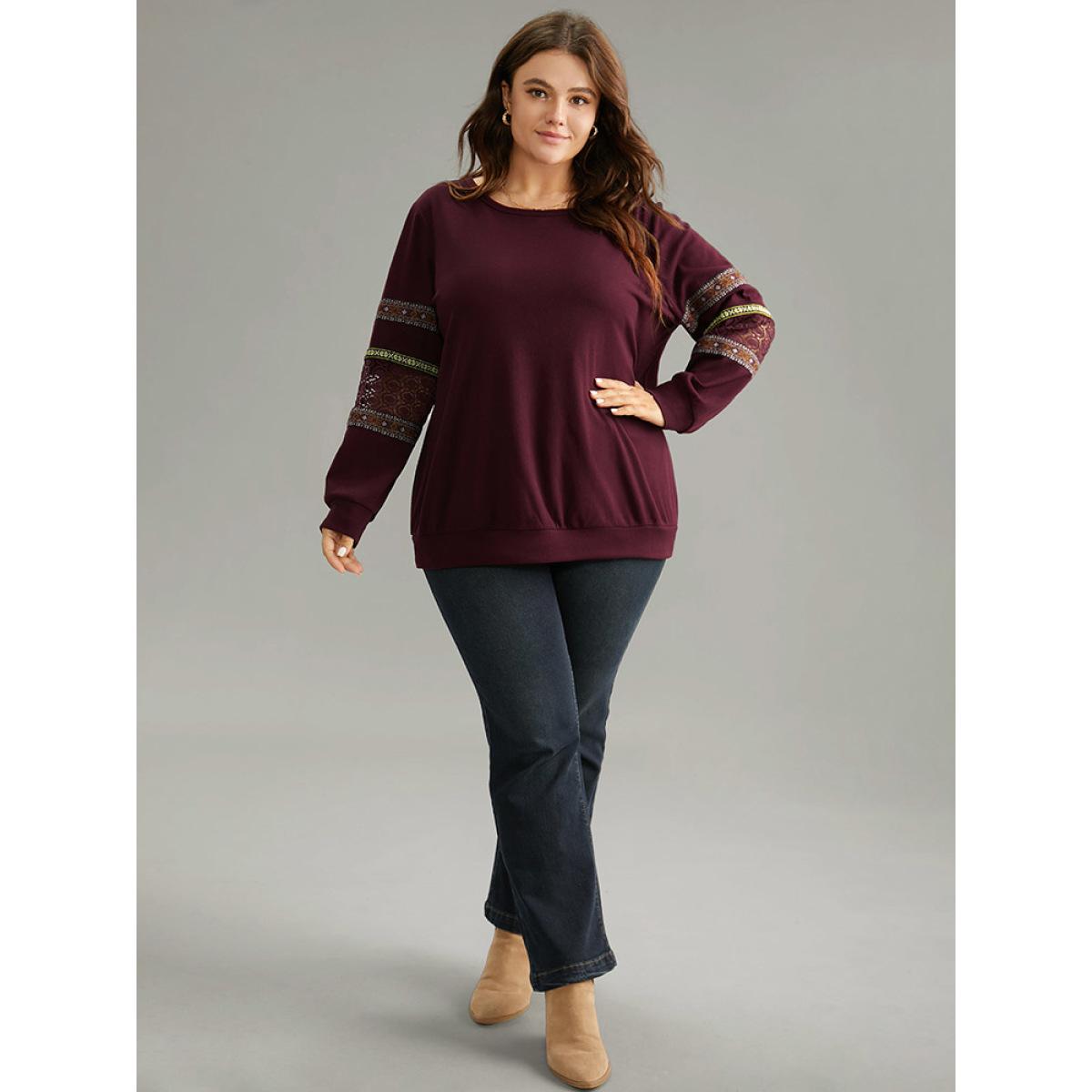 Plus Size Bandana Print Lace Insert Crew Neck Sweatshirt Women Burgundy Elegant Patchwork Round Neck Dailywear Sweatshirts BloomChic 26/4X Product Image