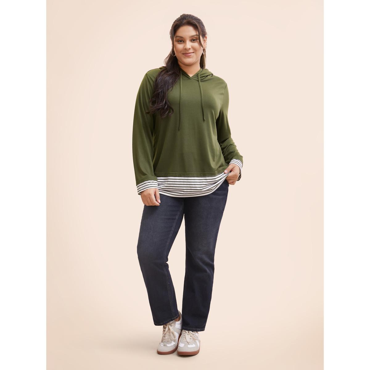 Plus Size Striped Patchwork Hooded Drawstring T-shirt ArmyGreen Women Casual Patchwork Striped Hooded Dailywear T-shirts BloomChic 22-24/3X Product Image