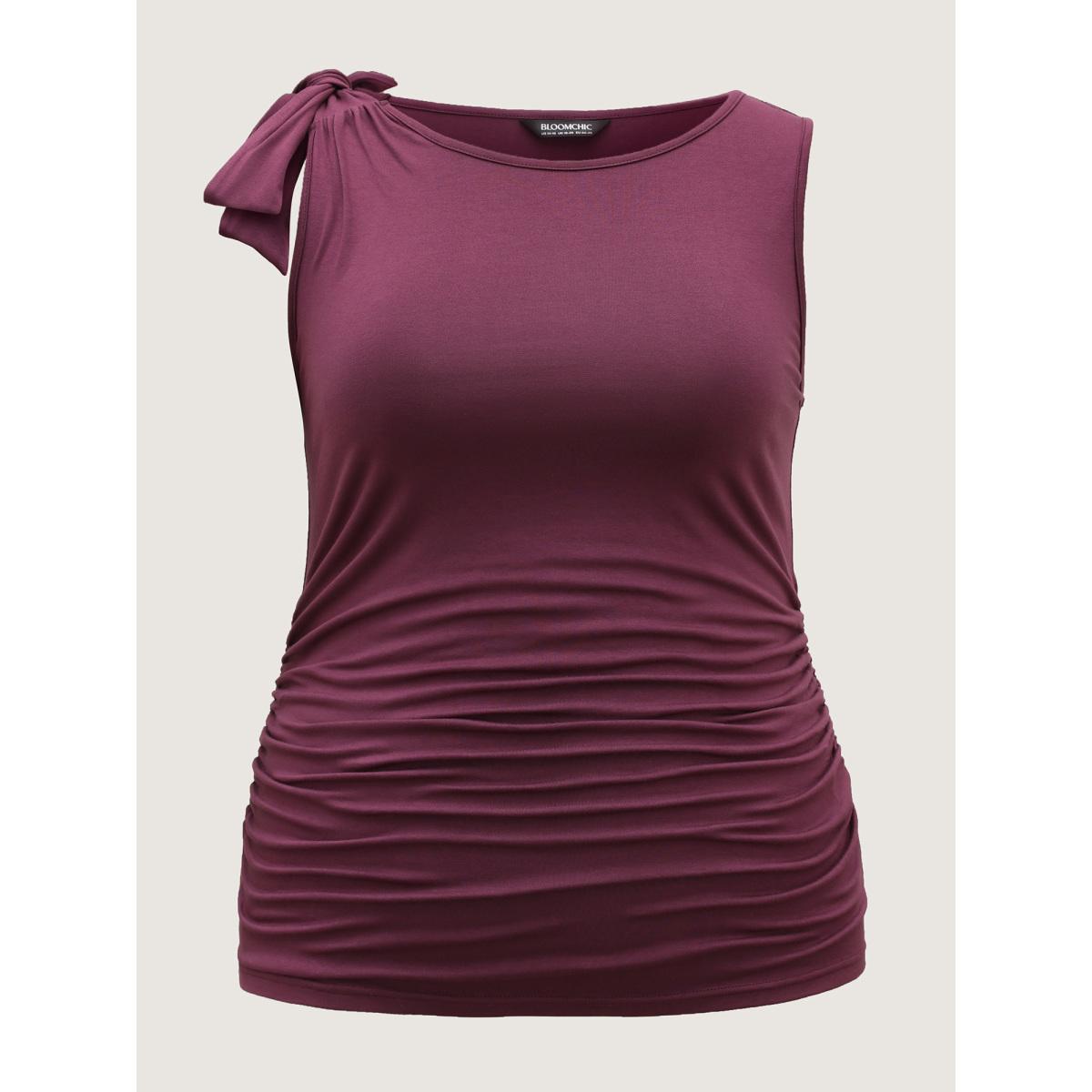 Plus Size Bow-Tie Ruched Waist Solid Tank Top Women Plum Tie knot Round Neck Everyday-Elegant Tank Tops Camis BloomChic 18-20/2X Product Image