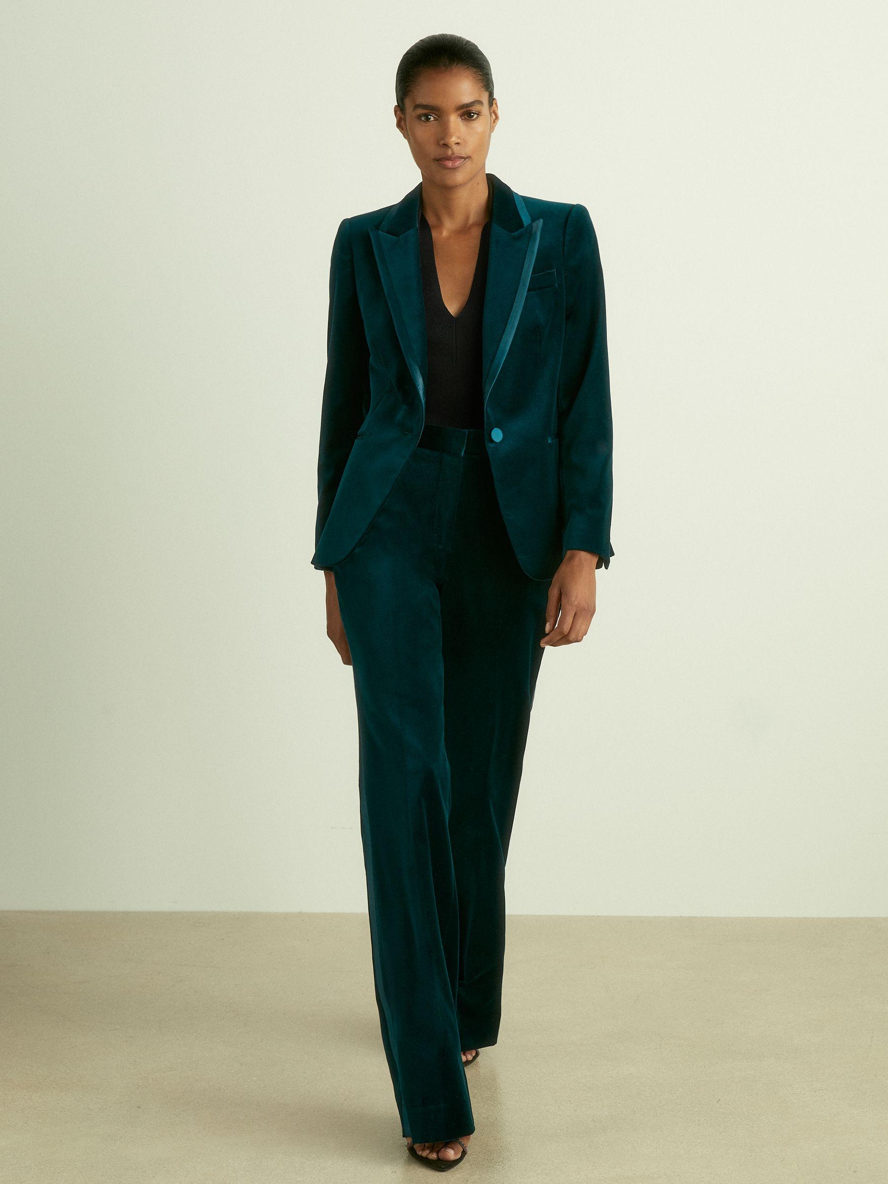 Velvet Flared Suit Trousers in Teal Product Image