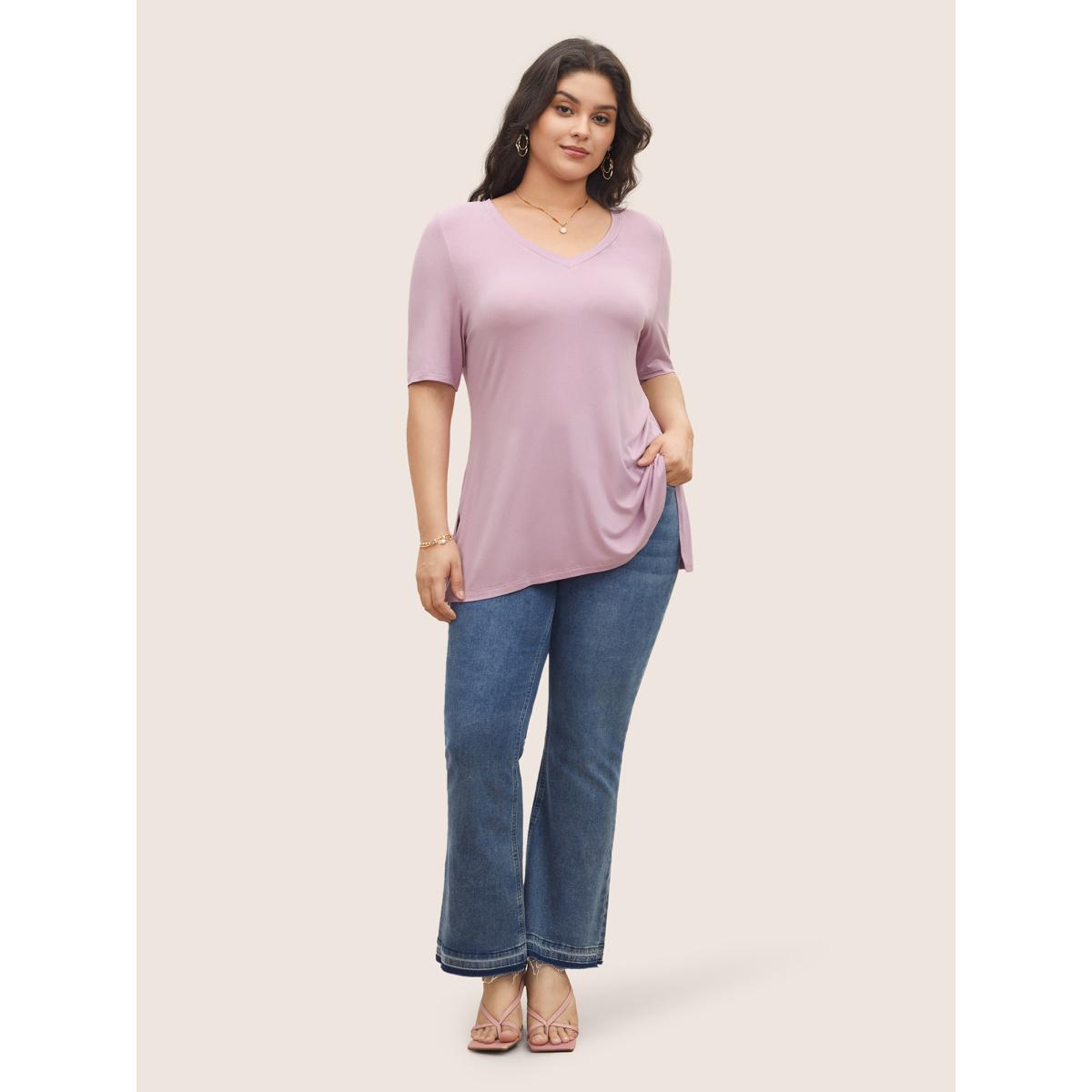 Plus Size Supersoft Essentials Solid Split Hem T-shirt Pink Women Casual Non Plain V-neck Everyday T-shirts BloomChic 28/5X Product Image