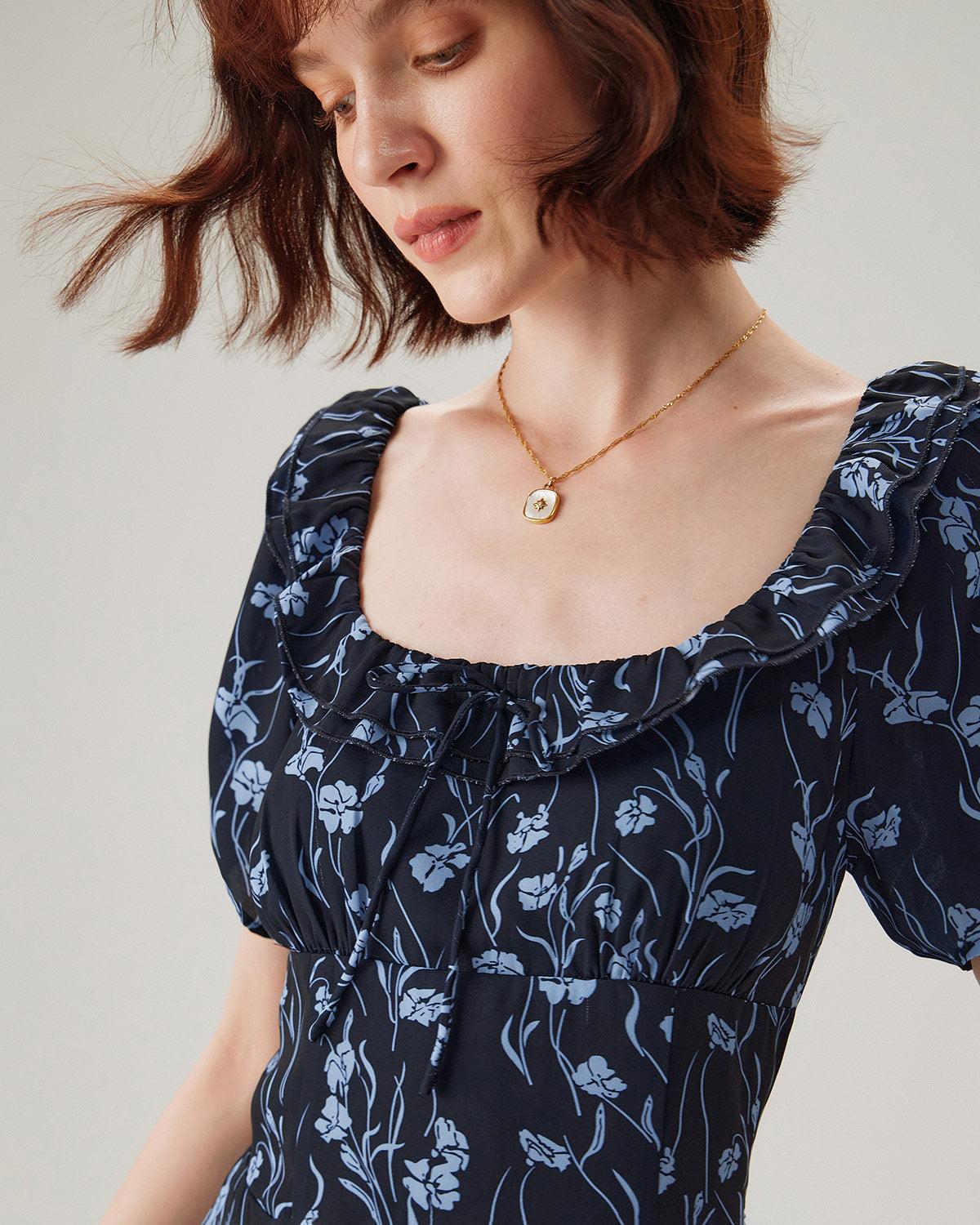 Navy Floral U-Neck Puffed-Sleeve Maxi Dress Product Image