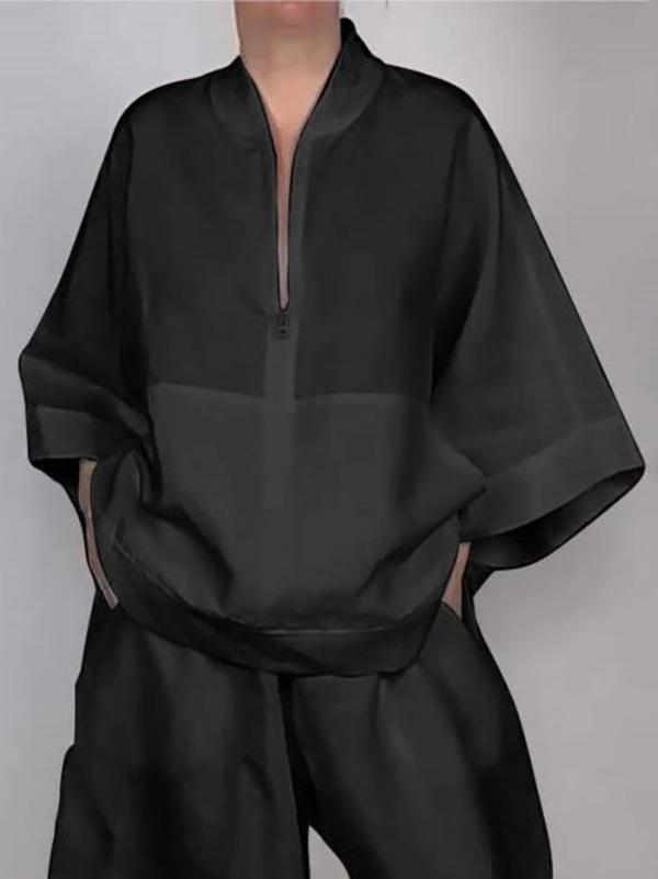 Long Sleeves Loose Solid Color Zipper V-Neck Shirts Tops Product Image