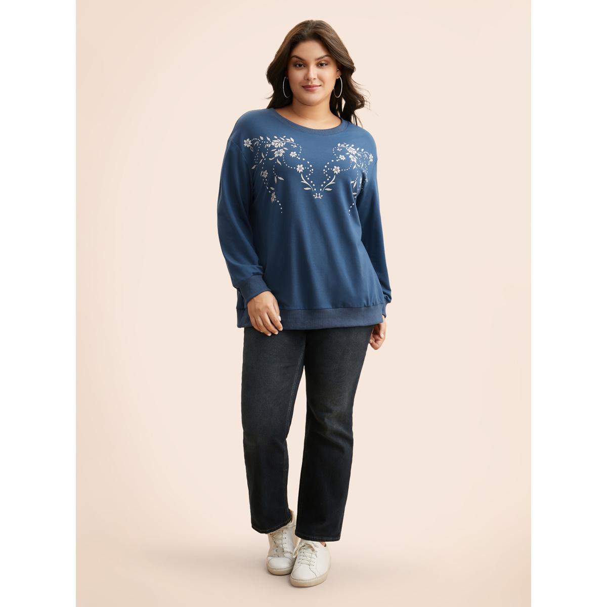 Plus Size Floral Print Drop Shoulder Sleeve Sweatshirt Women Navy Casual Patchwork Loose Round Neck Everyday Sweatshirts BloomChic 26/4X Product Image