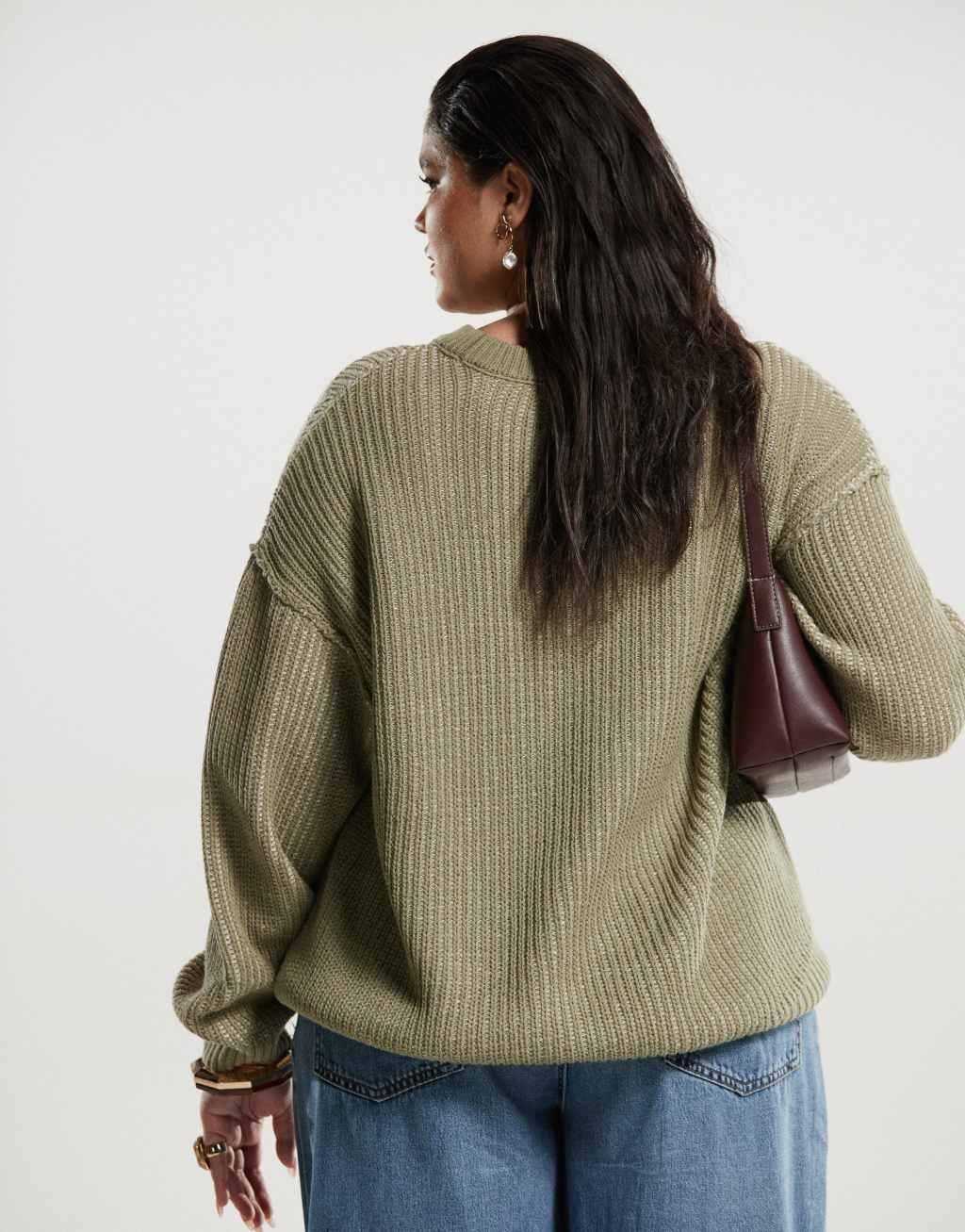 ASOS DESIGN Curve knit rose print oversized crew neck sweater in sage Product Image