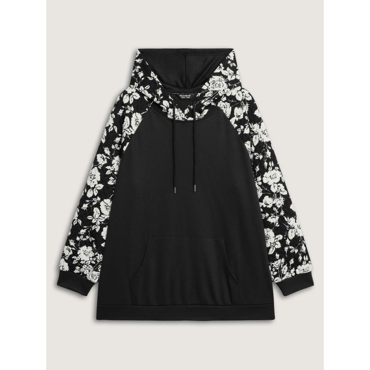 Plus Size Floral Contrast Textured Pockets Hoodie Women Black Texture Hooded Casual Sweatshirts BloomChic 22-24/3X Product Image
